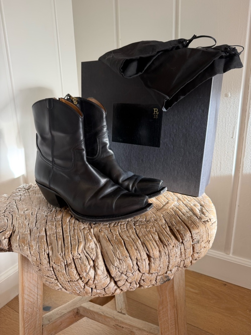 R13 Black Leather Cowboy Ankle Boots